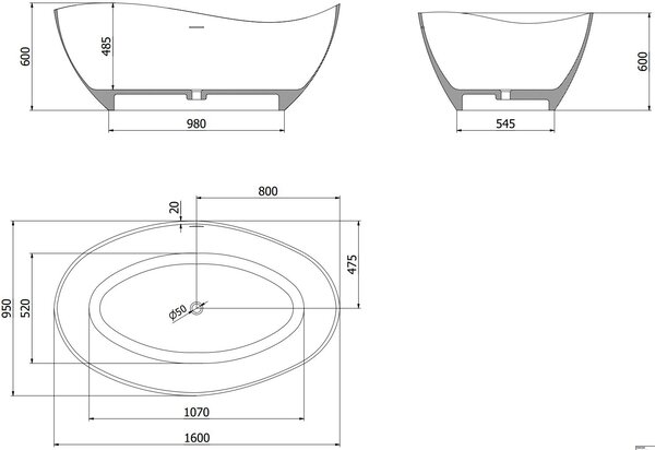 Mexen Parma szabadon álló kád konglomerátumból 160 x 95 cm, fehér matt - 57231609500
