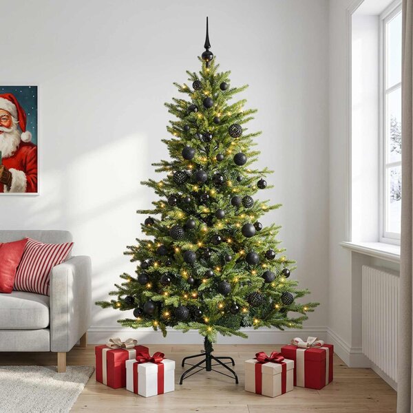 Műfenyő gömbökkel 180 cm 300 LED Meleg fehér PVC és fém Zöld