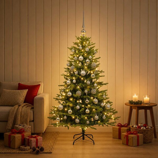 Műkarácsonyfa gömbbel 120 cm 150 LED Meleg fehér PVC és fém