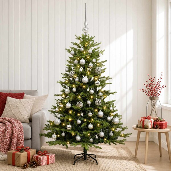 Műkarácsonyfa gömbbel 120 cm 150 LED Meleg fehér PVC és fém