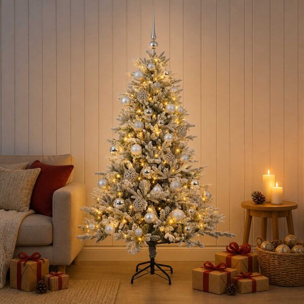 Műkarácsonyfa gömbbel 120 cm 150 LED Meleg fehér PVC és fém