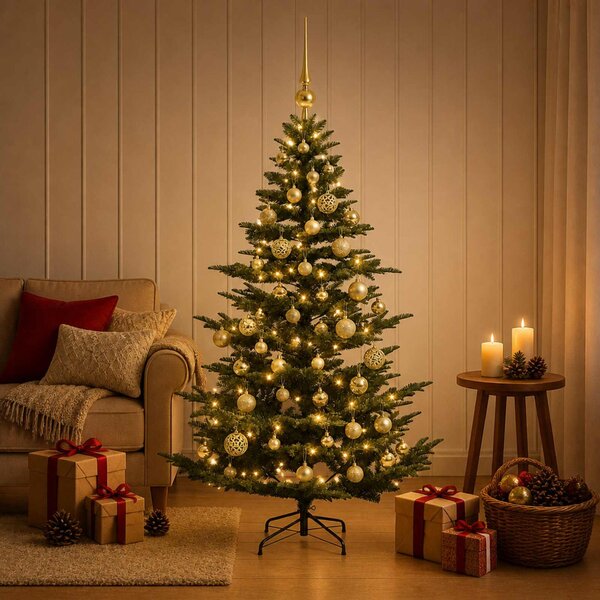 Műkarácsonyfa gömbbel 120 cm 150 LED Meleg fehér PE és PVC Zöld