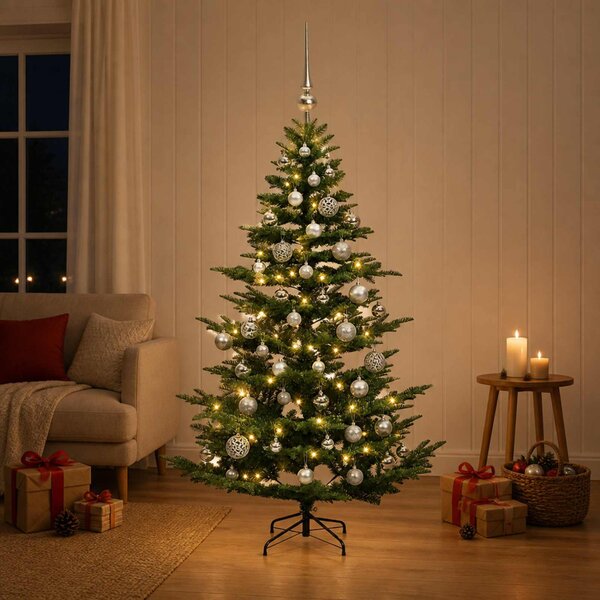 Műkarácsonyfa gömbbel 120 cm 150 LED Meleg fehér PE és PVC Zöld