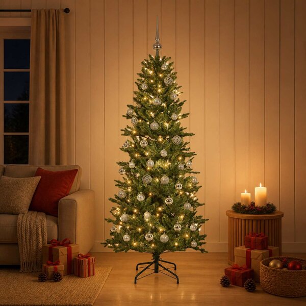 Műkarácsonyfa gömbbel 120 cm 150 LED Meleg fehér PVC és PE Zöld