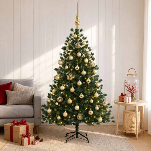 Műkarácsonyfa gömbbel 150 cm 150 LED Meleg fehér PVC és fém