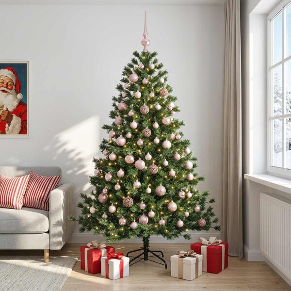 Műkarácsonyfa gömbbel 210 cm 300 LED Meleg fehér PVC és fém