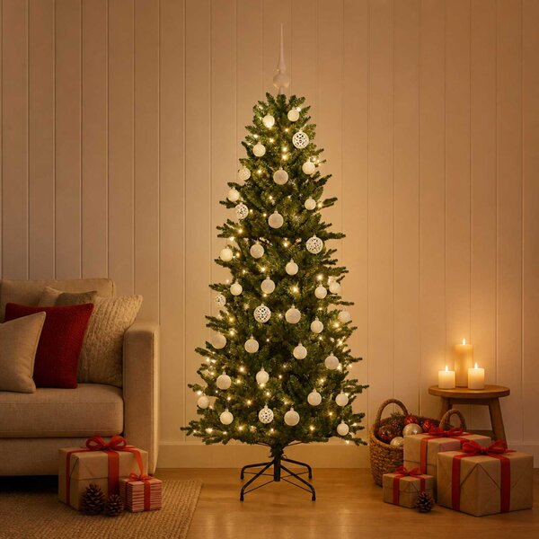Műkarácsonyfa gömbbel 120 cm 150 LED Meleg fehér PVC és PE Zöld