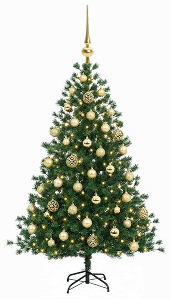 Műkarácsonyfa gömbbel 150 cm 150 LED Meleg fehér PVC és fém