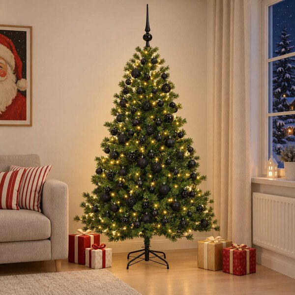 Műkarácsonyfa gömbbel 210 cm 300 LED Meleg fehér PVC és fém