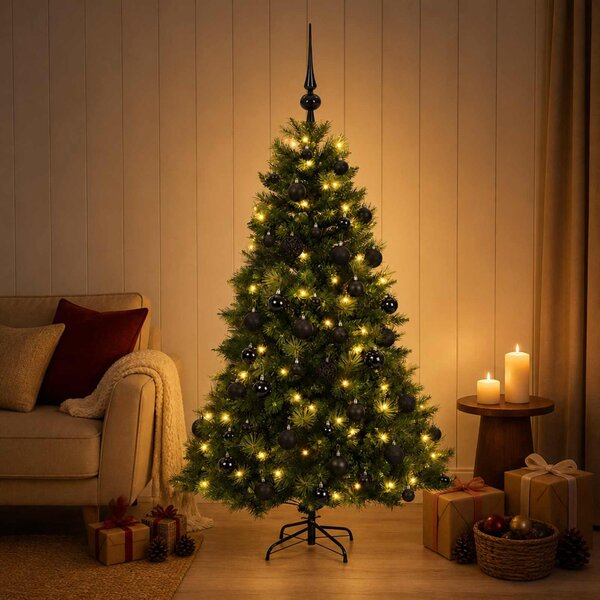 Műkarácsonyfa gömbbel 150 cm 150 LED Meleg fehér PVC és fém