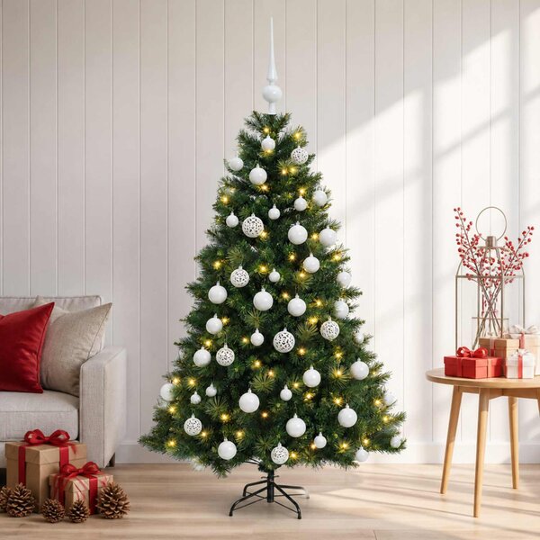 Műkarácsonyfa gömbbel 120 cm 150 LED Meleg fehér PVC és fém