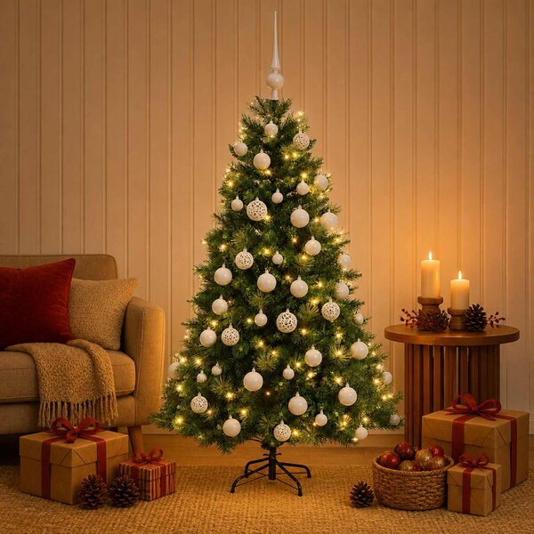 Műkarácsonyfa gömbbel 120 cm 150 LED Meleg fehér PVC és fém