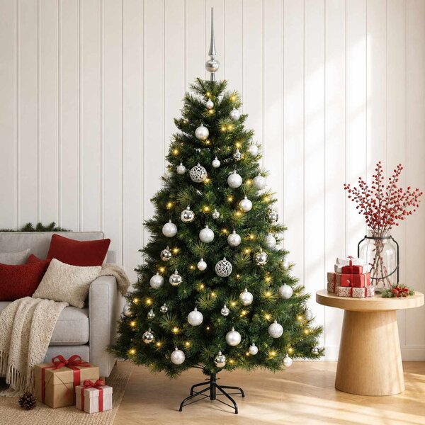 Műkarácsonyfa gömbbel 120 cm 150 LED Meleg fehér PVC és fém