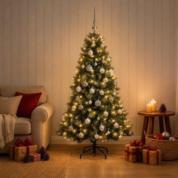 Műkarácsonyfa gömbbel 120 cm 150 LED Meleg fehér PVC és fém