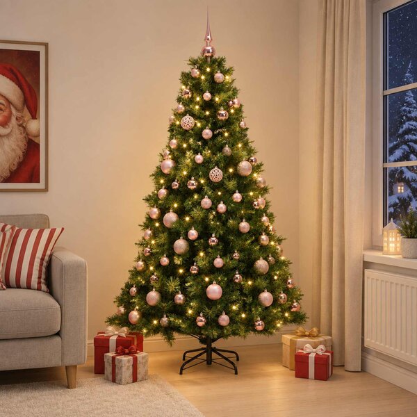 Műkarácsonyfa gömbbel 180 cm 300 LED Meleg fehér PVC és fém