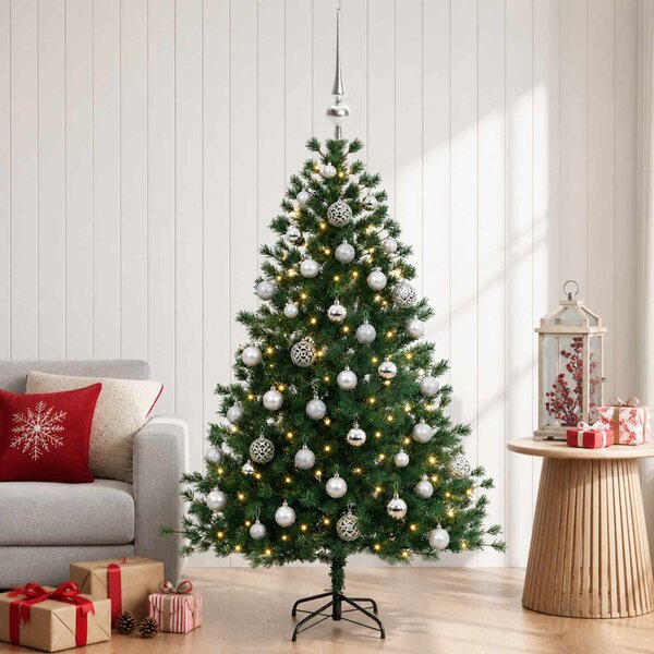 Műkarácsonyfa gömbbel 150 cm 150 LED Meleg fehér PVC és fém