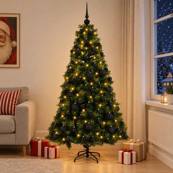 Műkarácsonyfa gömbbel 180 cm 300 LED Meleg fehér PVC és fém