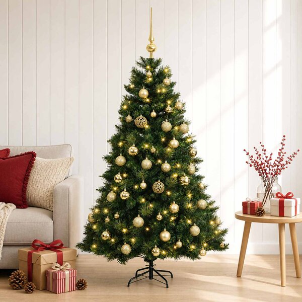 Műkarácsonyfa gömbbel 120 cm 150 LED Meleg fehér PVC és fém