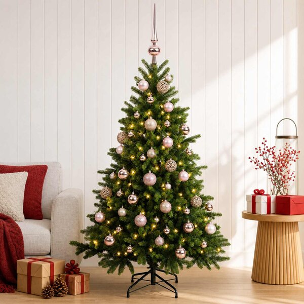 Műkarácsonyfa gömbbel 150 cm 150 LED Meleg fehér PVC és fém