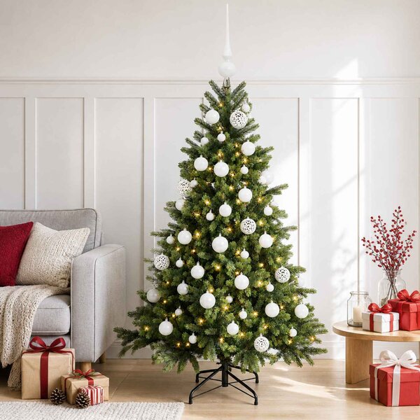 Műkarácsonyfa gömbbel 150 cm 150 LED Meleg fehér PVC és fém