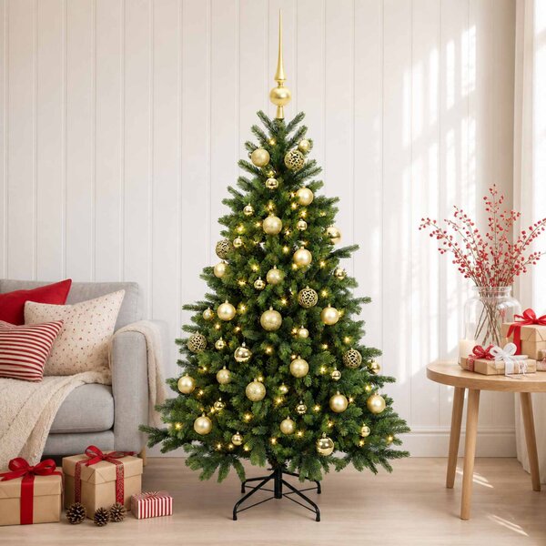 Műkarácsonyfa gömbbel 150 cm 150 LED Meleg fehér PVC és fém
