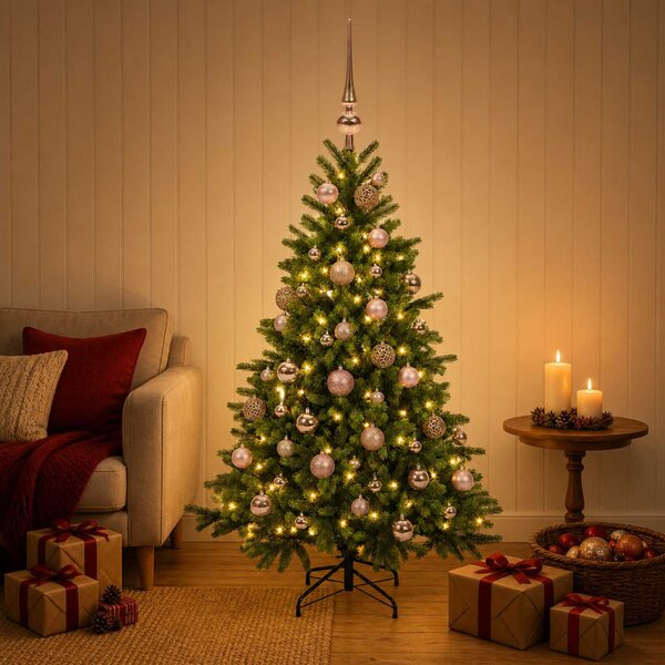 Műkarácsonyfa gömbbel 150 cm 150 LED Meleg fehér PVC és fém