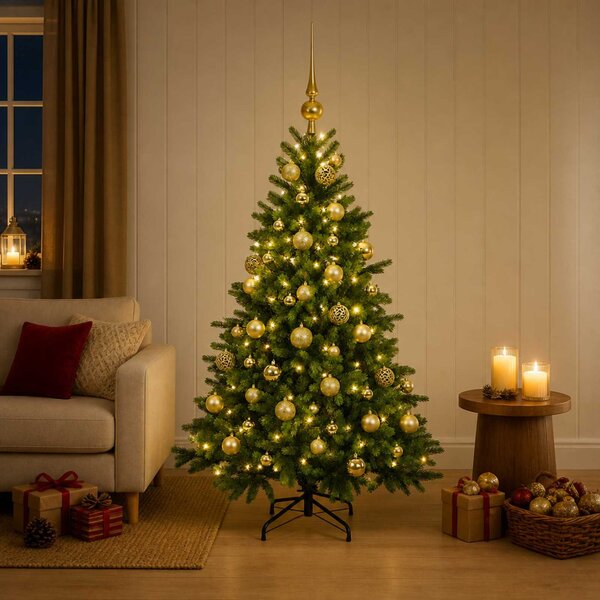 Műkarácsonyfa gömbbel 150 cm 150 LED Meleg fehér PVC és fém