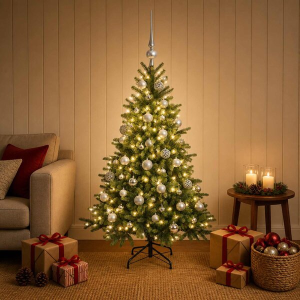Műkarácsonyfa gömbbel 150 cm 150 LED Meleg fehér PVC és fém