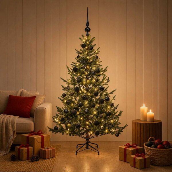 Műkarácsonyfa gömbbel 120 cm 150 LED Meleg fehér PVC és fém