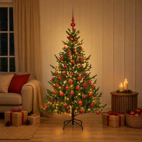 Műkarácsonyfa gömbbel 120 cm 150 LED Meleg fehér PVC és fém