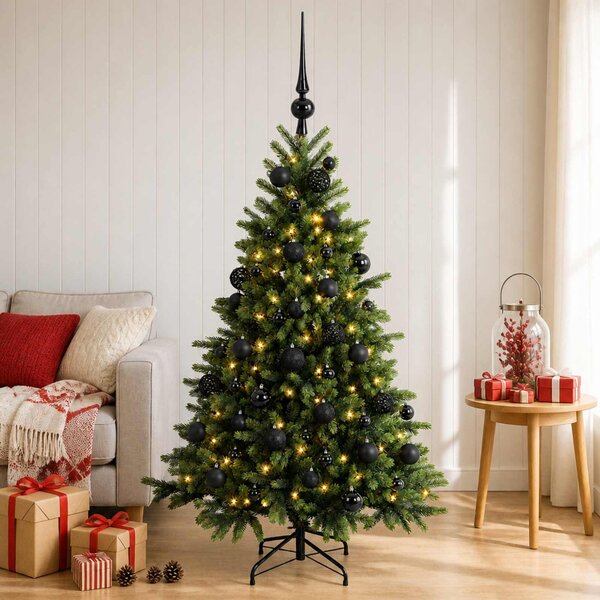 Műkarácsonyfa gömbbel 150 cm 150 LED Meleg fehér PVC és fém