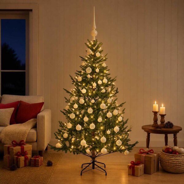 Műkarácsonyfa gömbbel 120 cm 150 LED Meleg fehér PVC és fém