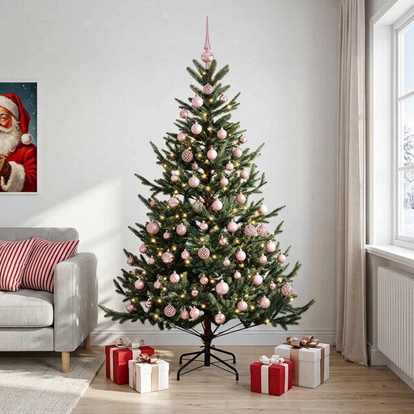 Műkarácsonyfa gömbbel 180 cm 300 LED Meleg fehér PVC és fém