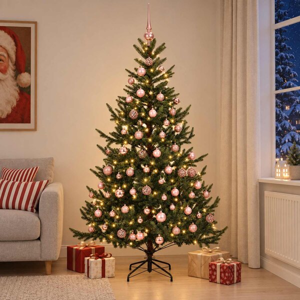 Műkarácsonyfa gömbbel 180 cm 300 LED Meleg fehér PVC és fém