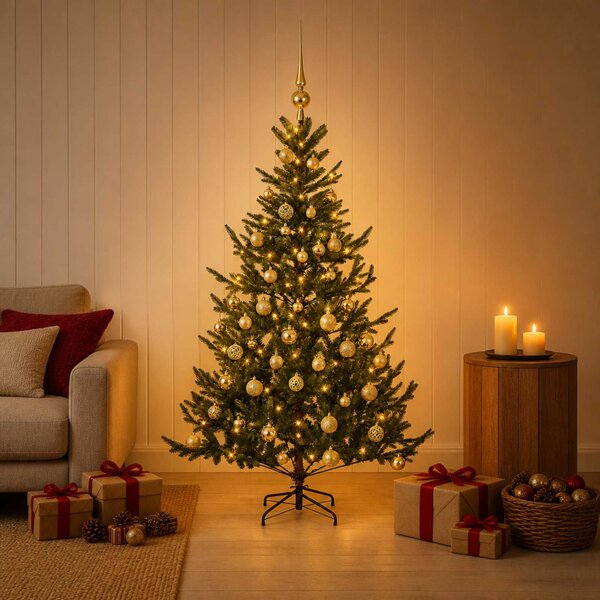Műkarácsonyfa gömbbel 120 cm 150 LED Meleg fehér PVC és fém