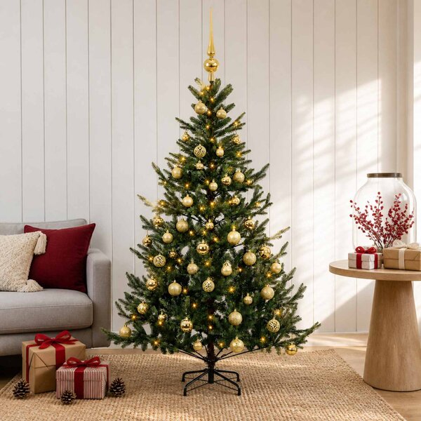 Műkarácsonyfa gömbbel 120 cm 150 LED Meleg fehér PVC és fém