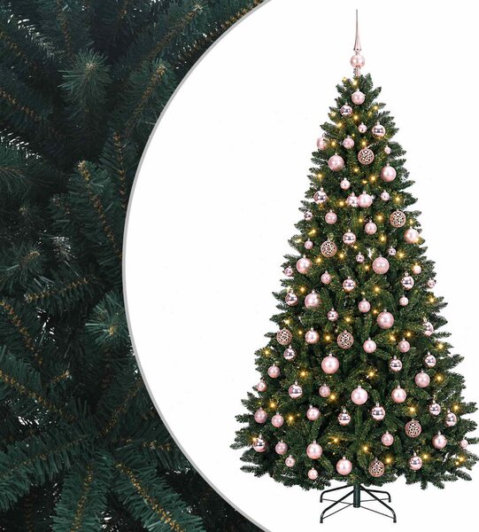 Sötétzöld műkarácsonyfa gömbökkel 210 cm 300 LED Meleg fehér