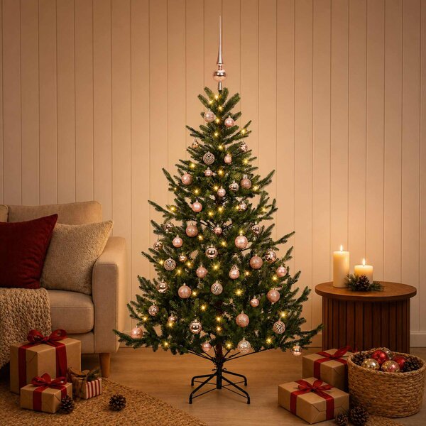 Műkarácsonyfa gömbbel 120 cm 150 LED Meleg fehér PVC és fém