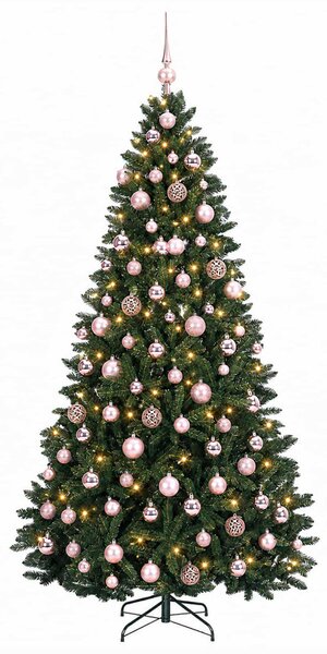 Sötétzöld műkarácsonyfa gömbökkel 210 cm 300 LED Meleg fehér