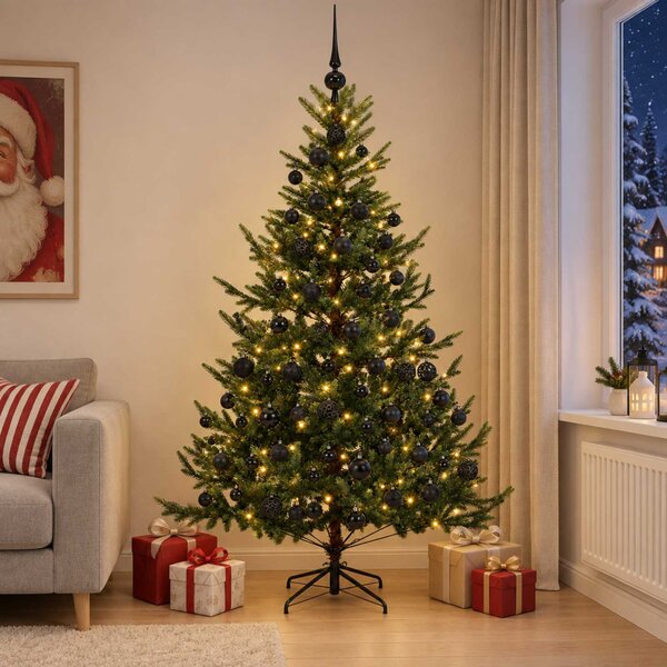 Műkarácsonyfa gömbbel 180 cm 300 LED Meleg fehér PVC és fém