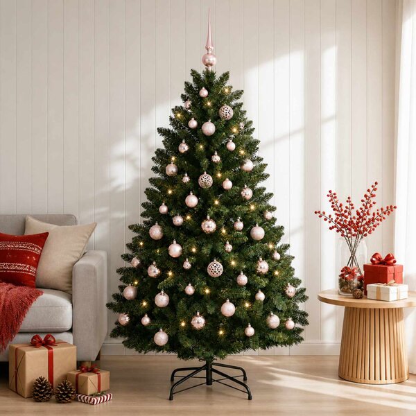Sötétzöld műkarácsonyfa gömbökkel 150 cm 150 LED Meleg fehér