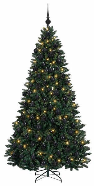 Sötétzöld műkarácsonyfa gömbökkel 210 cm 300 LED Meleg fehér