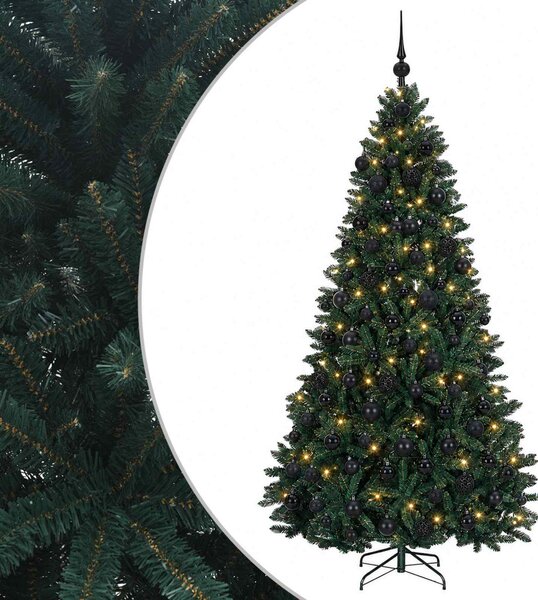 Sötétzöld műkarácsonyfa gömbökkel 210 cm 300 LED Meleg fehér