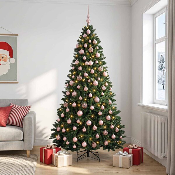 Sötétzöld műkarácsonyfa gömbökkel 210 cm 300 LED Meleg fehér