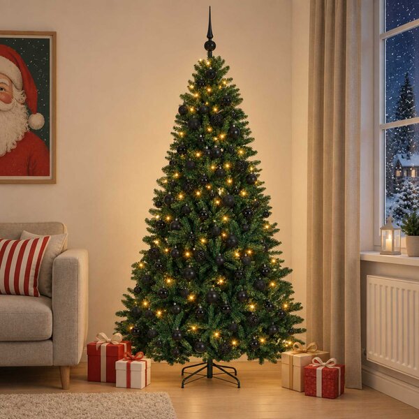 Sötétzöld műkarácsonyfa gömbökkel 210 cm 300 LED Meleg fehér