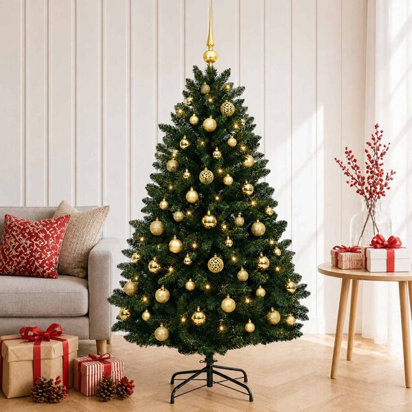 Sötétzöld műkarácsonyfa gömbdísszel 150 cm 150 LED Meleg fehér
