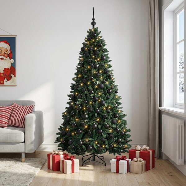 Sötétzöld műkarácsonyfa gömbökkel 210 cm 300 LED Meleg fehér