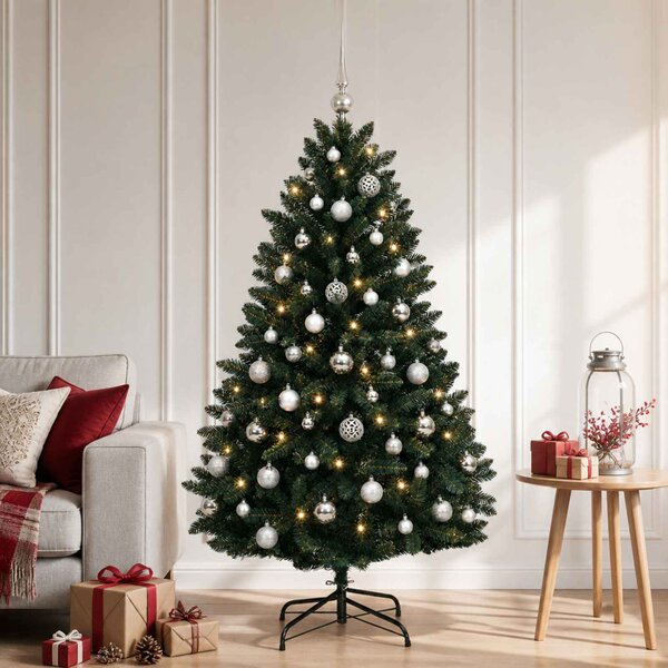 Sötétzöld műkarácsonyfa gömbökkel 150 cm 150 LED Meleg fehér