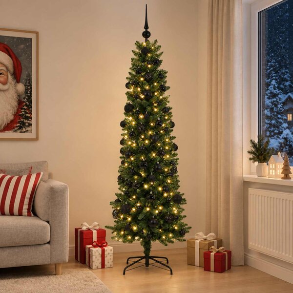 Karcsú műkarácsonyfa gömbökkel 210 cm 300 LED Meleg fehér