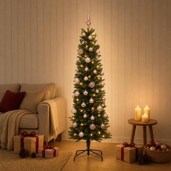 Karcsú műkarácsonyfa gömbökkel 120 cm 150 LED Meleg fehér